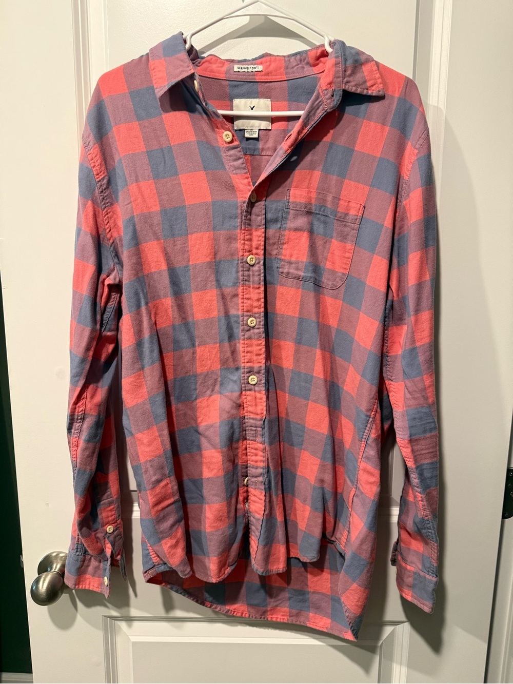 American Eagle Men's Long-Sleeve Coral & Slate Check Shirt